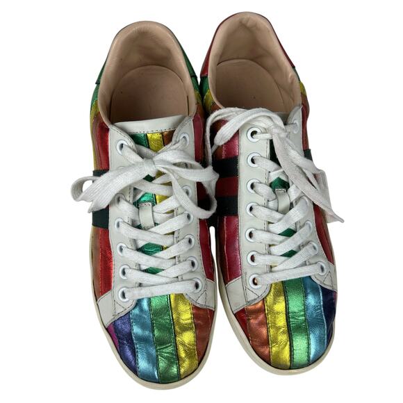 Gucci Rainbow Metallic Multi Colored Stripe Leather Lace Up Ace Sneaker 8 - Picture 2 of 9